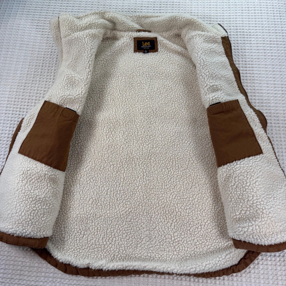 Lee Sherpa Lined Work Vest Brown Duck Canvas Full Zip Workwear Mens XL - Picture 2 of 7